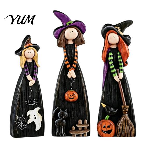 Black Cat And Crow Holiday Accents Halloween Wooden Witch Ornaments, Distressed Figurines, Retro Tabletop Fall Mantel Display Wood Crafts Decoration
