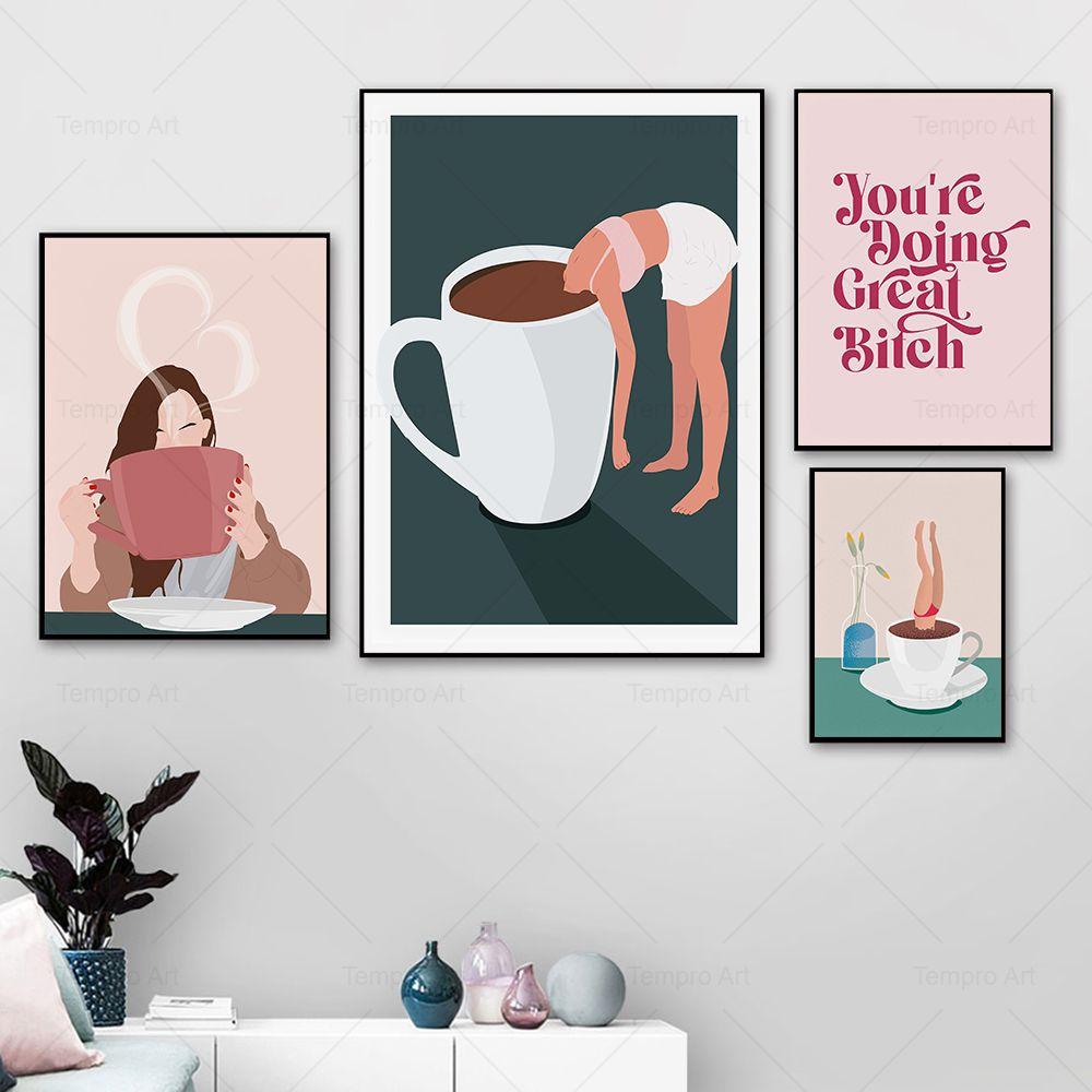 Funny Girl Reading Cocktail Coffee Posters Coffee Art Print Nordic Wall Art Canvas Painting Pictures Kitchen Cafe Bar Home Decor