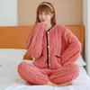 Winter Women Two-piece Set Pajamas Suit Thickened Plush Color Matching V-Neck Long Sleeve Single-breasted Coat Elastic Waist Loose Pants