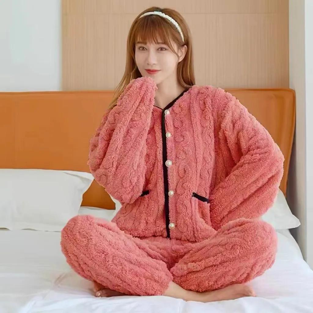 Winter Women Two-piece Set Pajamas Suit Thickened Plush Color Matching V-Neck Long Sleeve Single-breasted Coat Elastic Waist Loose Pants