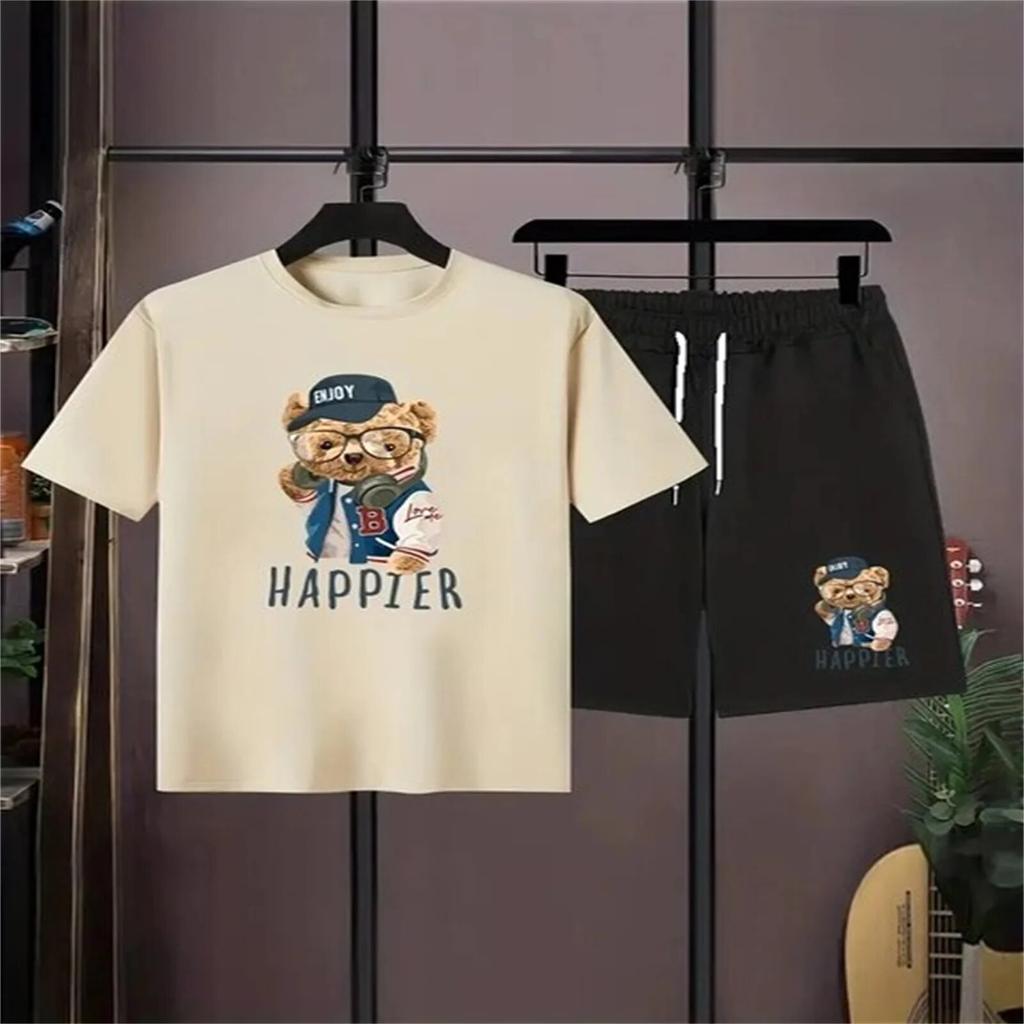 Мужской комплект одежды из 2 предметов с крутым медвежьим принтом, повседневная футболка и свободные шорты на шнуровке, летняя футболка для мужчин