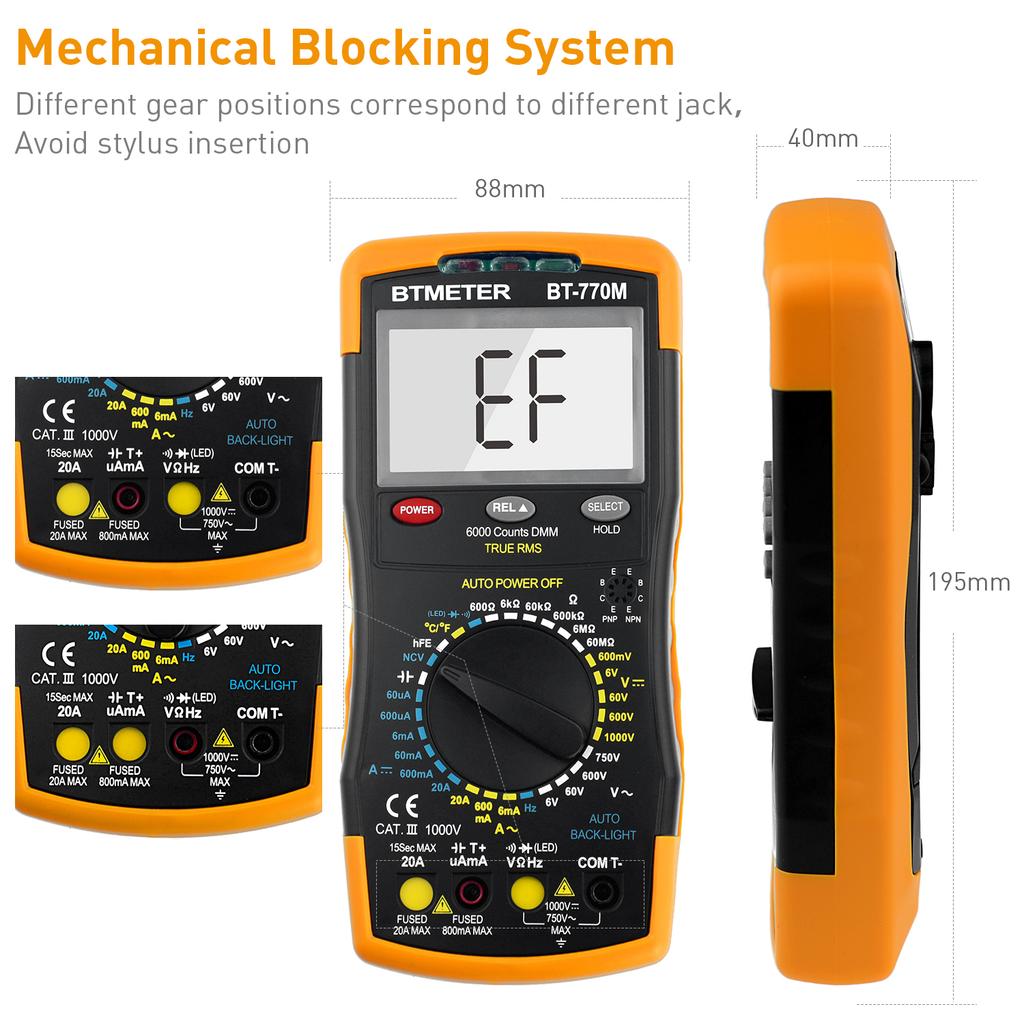 BTMETER Digital Portable Multimeter 6000-count LCD Display Measure DC AC Voltage Current Resistance Capacitance and More