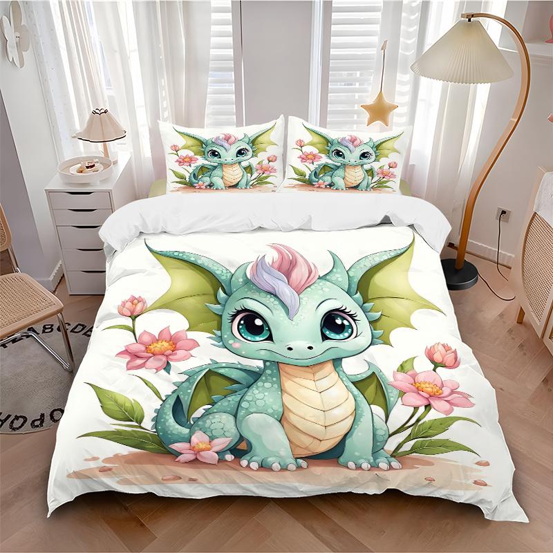 3pcs Green Cute Dragon Printed Duvet Cover Set (1 * Cover+2 * Pillowcase, Without Core), Suitable for Home Bedroom, Guest Room, Dormitory Decorat