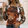 Women Plus Size Asymmetric Cold Shoulder Sheer Long Sleeve Cartoon Bear Pumpkin Printed T Shirt