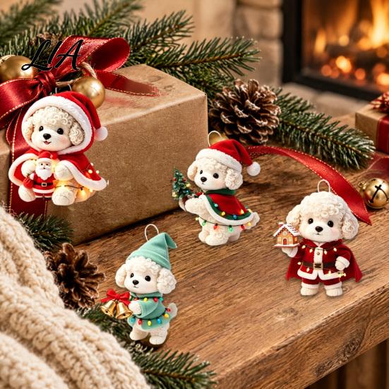 Cute Cat Tree Ornaments Christmas Dog Wooden Ornament, 2D Cartoon Puppy Hanging Party Supplies Decor with String, Holiday Decoration