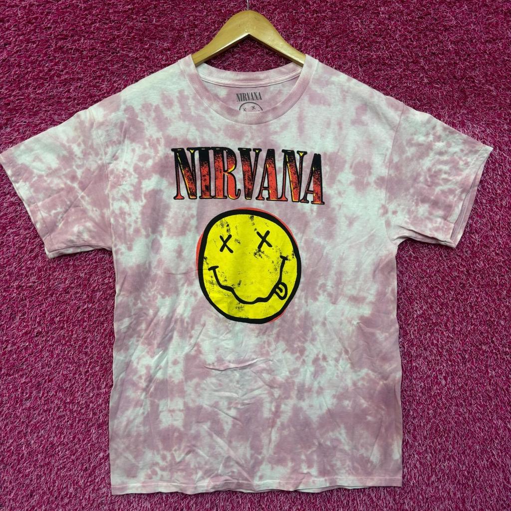 Футболка Nirvana Never Mind с розовым тай-дай и смайликом, размер L
