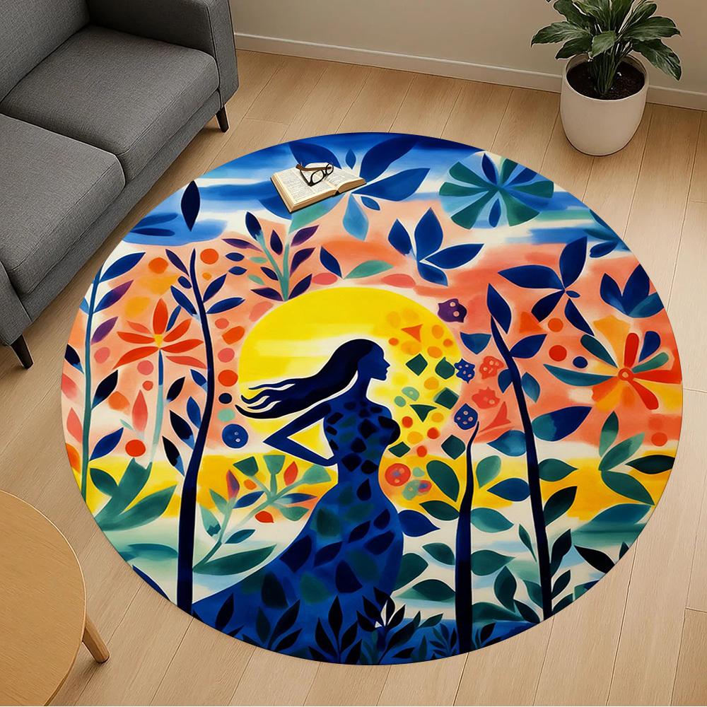 1pc Woman Forest Round Chair mat office Area Rug - Non-Slip, Floor Mat for Office, Bedroom, Ideal home decor gift p0105007