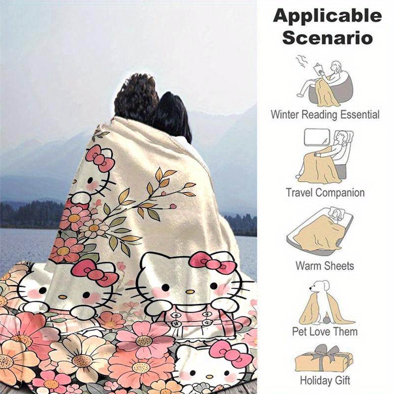 1pc Sanrio Charming Hello Kitty Floral Home Decor Blanket: Perfect Gift for Bedroom, Living Room, Travel, Camping, Car, Beach & Office Naps, Soft Flan
