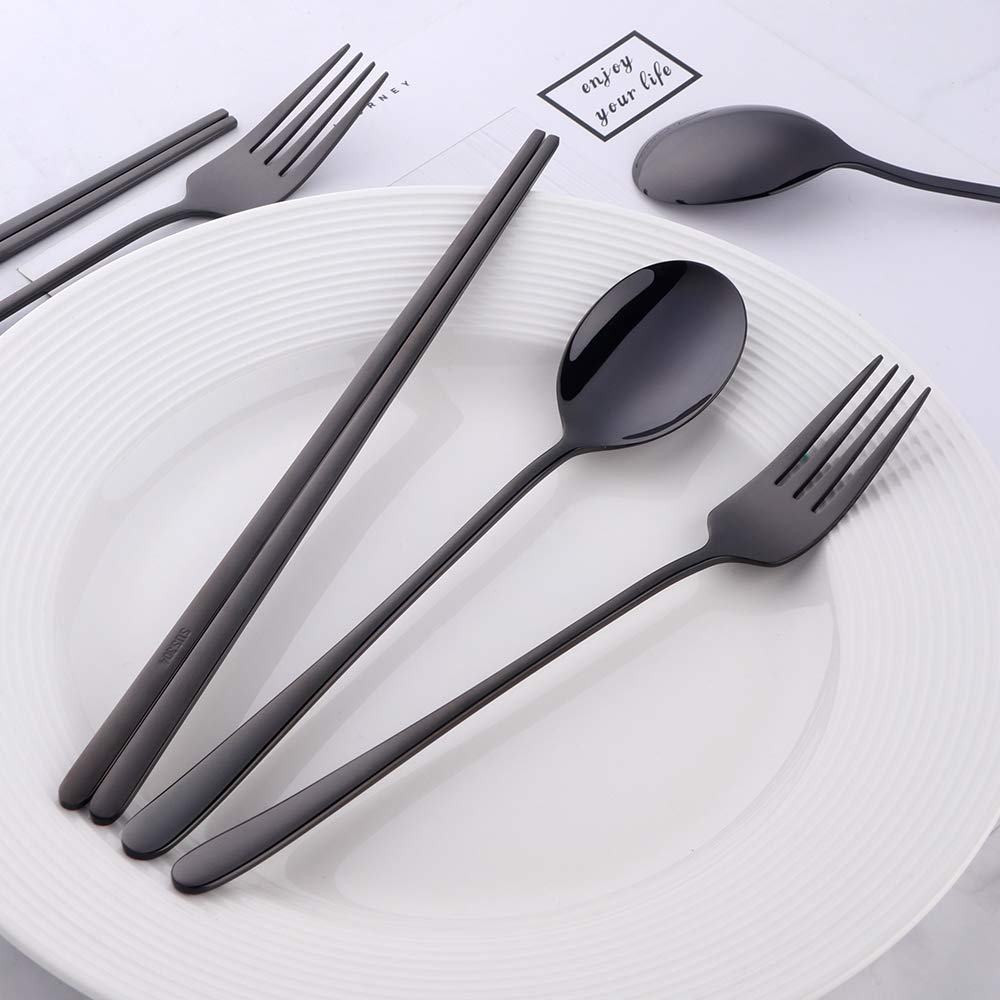 Do Buy Cutlery Set Chopsticks Spoon Fork Set Korean Tableware for 2 People Stainless Steel Mirror Finish Black 18/8