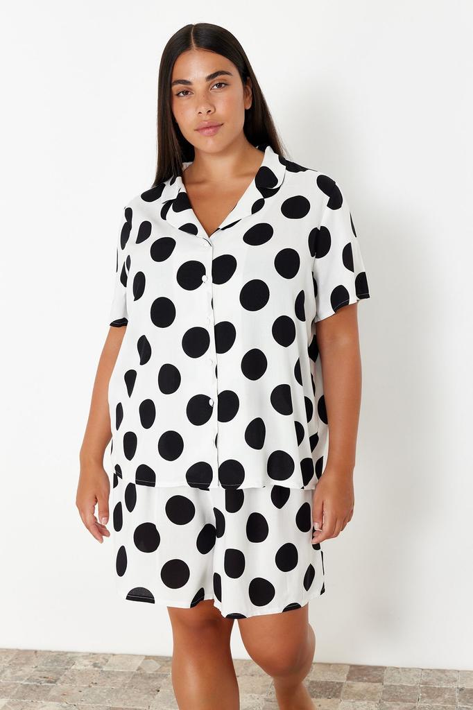 Women's Style Plus Size Pajama Set Pink Shirt Collar Polka Dot Woven Pajama Set