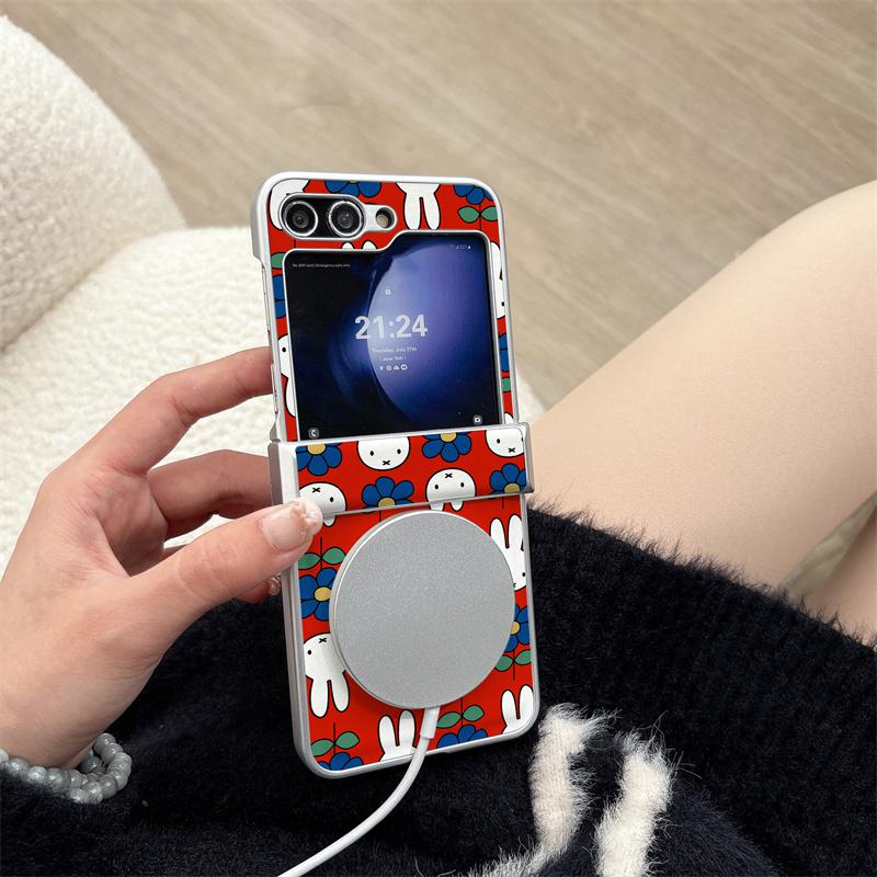 Cute Miffy Rabbit Floral Leather Phone Case For Samsung Galaxy Z Flip 7 6 5 4 3 Kawaii Red Protective Cover for Z Flip Series