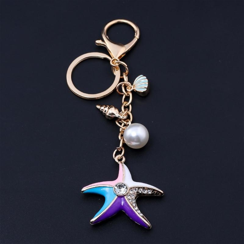Jewelry Charm Keychain Rhinestones Encrusted Starfish and Conch Shell Pendant Keyring Handbag Accessories for Women