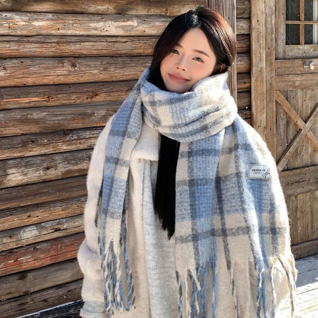 Mohair plaid scarf Korean atmosphere autumn and winter versatile light luxury high-end warm shawl thickened scarf
