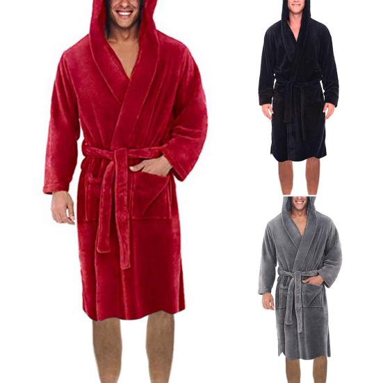 Long Sleeve Pocket Belt Solid Color Men Bathrobe Winter Warm Hooded Long Fleece