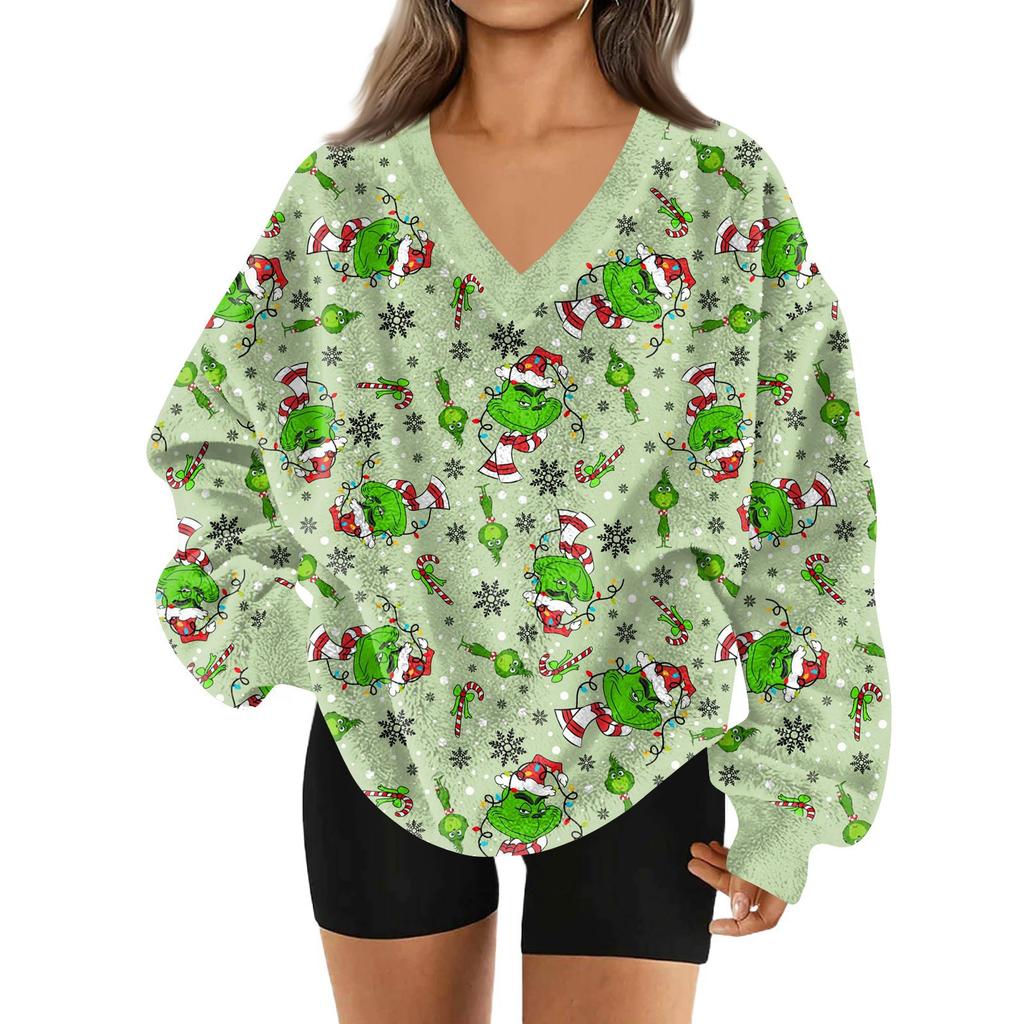 Women's Fashionable V-neck Christmas Printed Long Sleeved Casual Pullover Plush Warm Pocket Sweatshirt Top