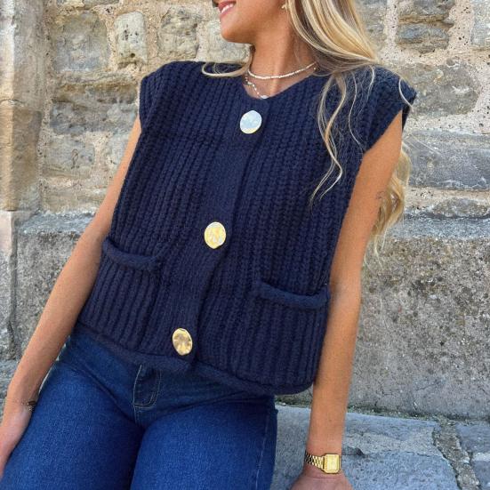 Women Sweater Vest V-neck Sleeveless Button Down Cardigan with Pockets Solid Color