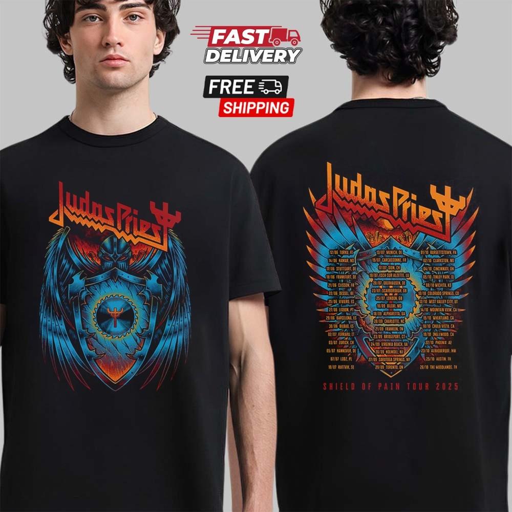 Judas Priest Щит Боли Тур 2025 Щит Крылья Двусторонняя Футболка Унисекс Футболка