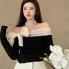 VAYLA Кокетливые черные футболки с открытыми плечами для женщин, корейский стиль, шикарные футболки с бантом и длинными рукавами, милые, сексуальные, лоскутные, облегающие топы