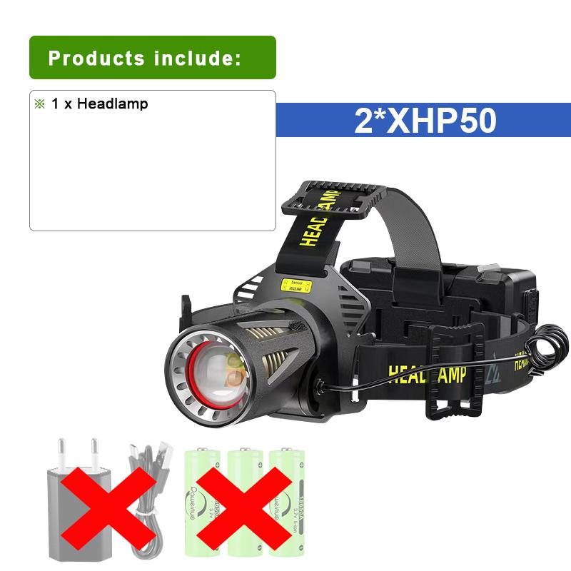 Новейший светодиодный сенсорный фонарь XHP50, белый и теплый свет, мощный налобный фонарик, 3 режима, питание от батареи 18650, использование для рыбалки