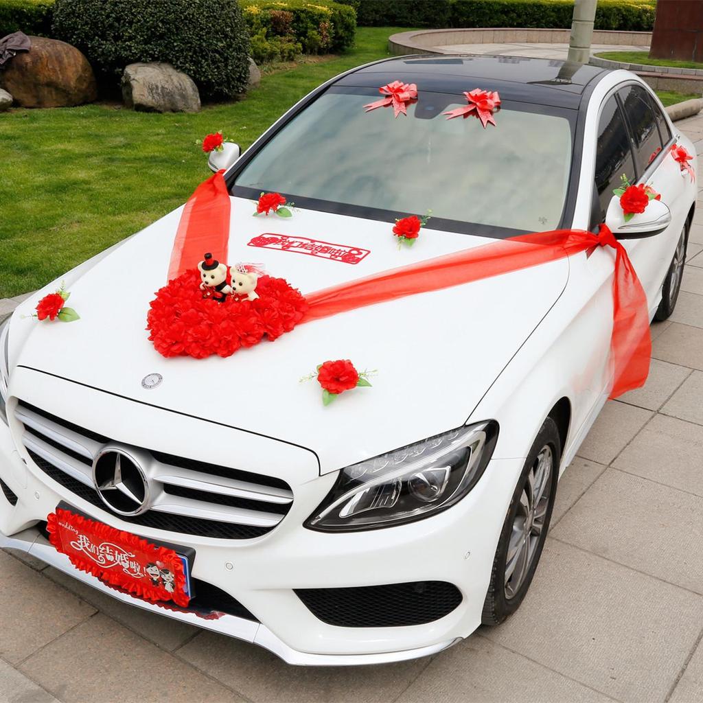 Heart-Shaped Bear Wedding Car Decoration Set - Simulated Flower Arrangement