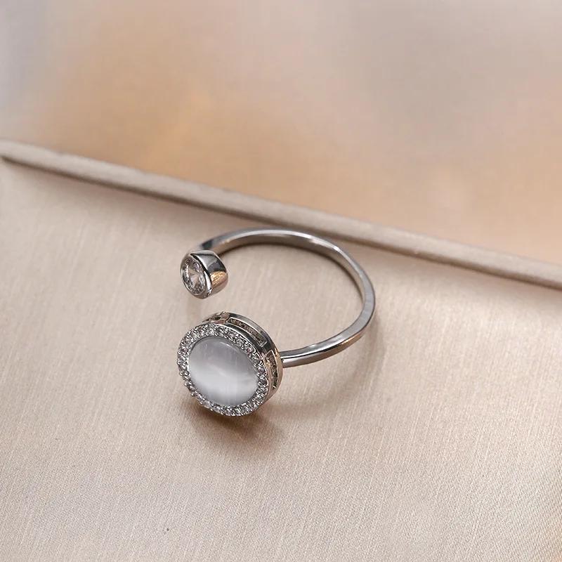 Luxury Rotatable Circle Opal Crystal Pendant Necklace for Women Charm Gold Color Stainless Steel Collar Chain Ring Jewelry Set