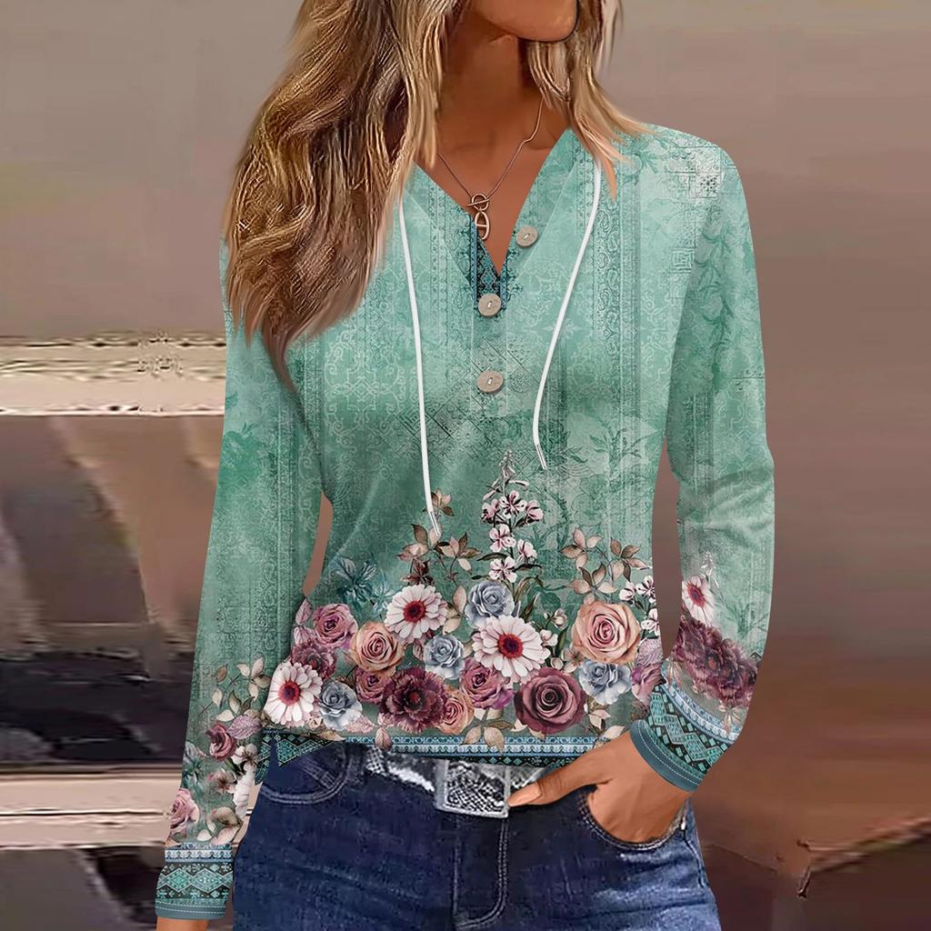 Жен. Футболка Футболка Пуговицы Цветочный принт Длинный рукав Повседневные Выходные Мода Классический Классический V-образный вырез Обычный Топ