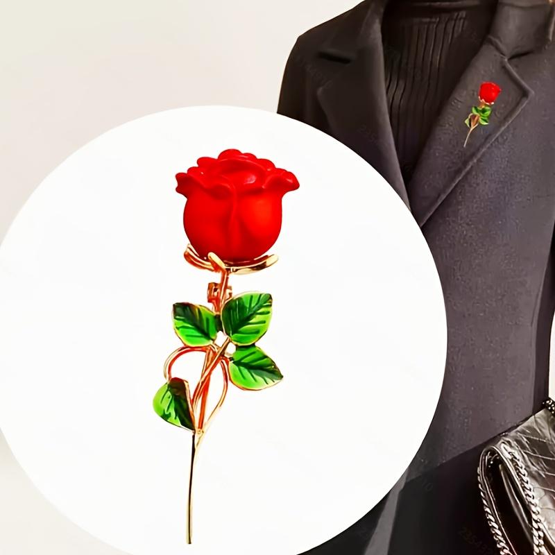 [Red Rose Brooch] Elegant Red Rose Alloy Brooch with Green Leaves | Chic Collar Pin for Dresses, Sweaters & Coats | Perfect Gift for Birthdays, Mother