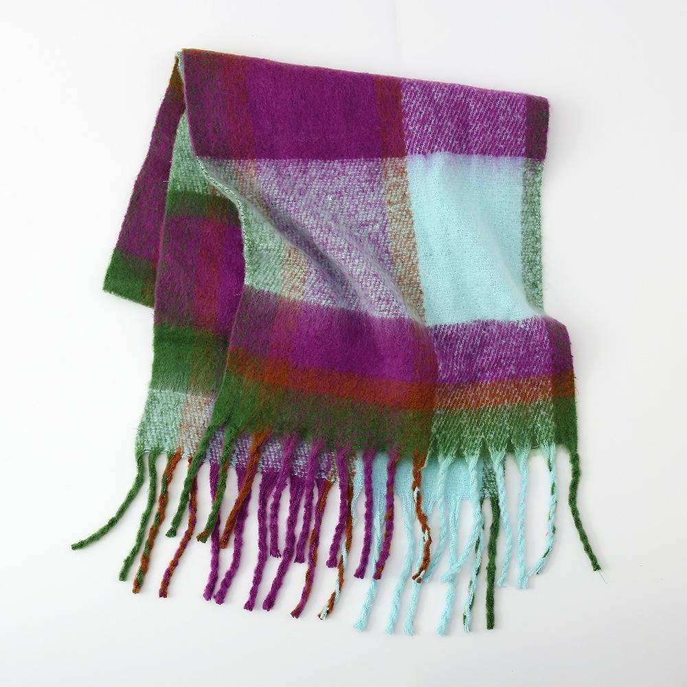 Autumn and Winter New Rainbow Plaid Imitation Cashmere Fringed Scarf Women's Mohair Enlarged Thick Shawl Warm Scarf