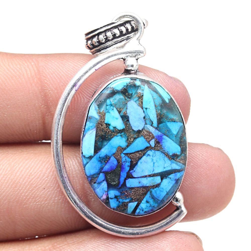 Ожерелье из синего медного бирюзового драгоценного камня, ручная работа, старинное серебряное ювелирное изделие 2,25 дюйма