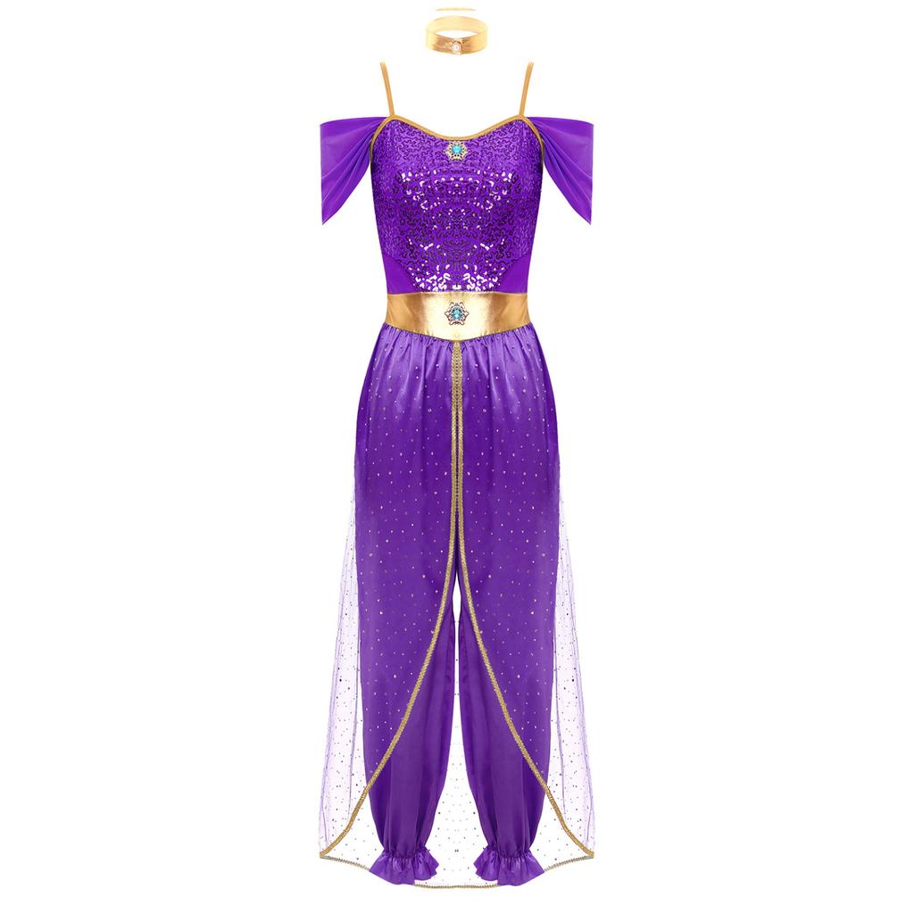 Women's Princess Costume Set Sequins Jumpsuit Long Wide Trousers Carnival Cosplay Party Dance Fancy Dress Outfit