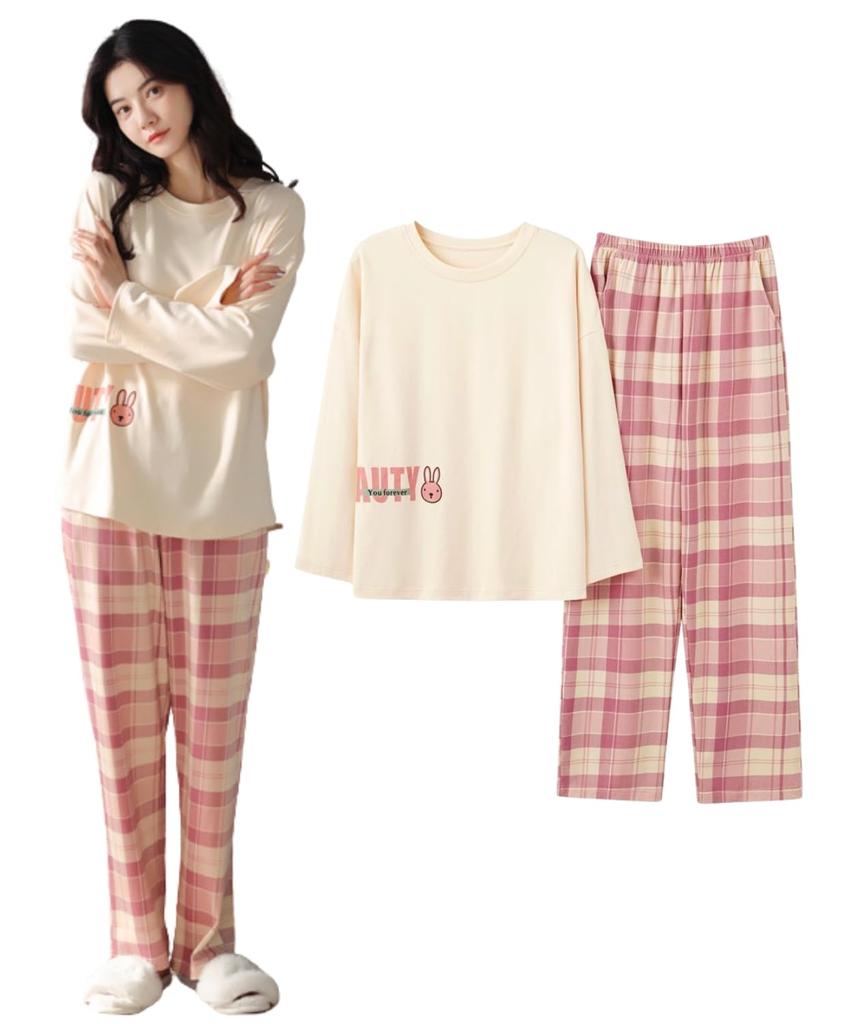 MowaLef Cotton Pajamas for Spring and Lightweight and Long Long Crew Cute Loungewear Women's 100% Summer, Relaxing, Sleeves, Pants, Soft, Neck, (JP,