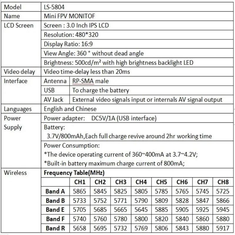 1 Set 5.8G 40CH 3inch LCD Handheld Screen 480x320 Resolution Auto Search Build-in 3.7V 800mAh Battery for Multicopter