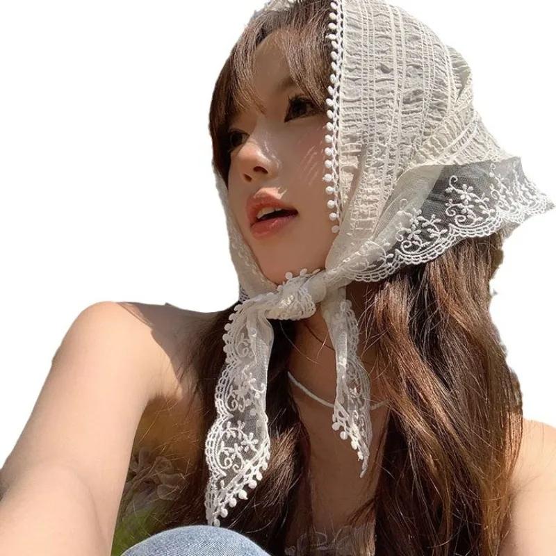 Новые корейские кружевные треугольные хиджабы женские хиджабы летние милые хиджаб-шляпы для девочек квадратные хиджабы милые девичьи сердечки универсальный головной убор