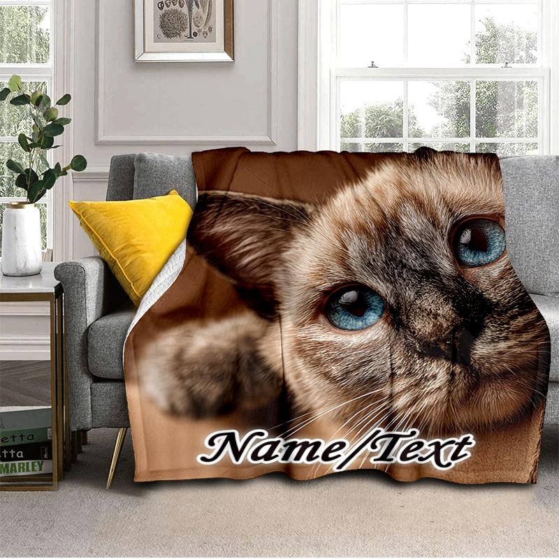 1PC Custom Name Cat Portrait Name flannel blanket versatile,all-season throw suitable for the living room,bedroom,camping,travel,and gift