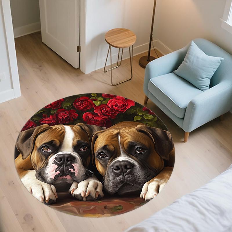 Boxer and Flowers pattern round rug,Carpet Rug for Living Room Bedroom  Playroom ,Non-slip Floor Mat,Holiday Gifts and Birthday Gifts.