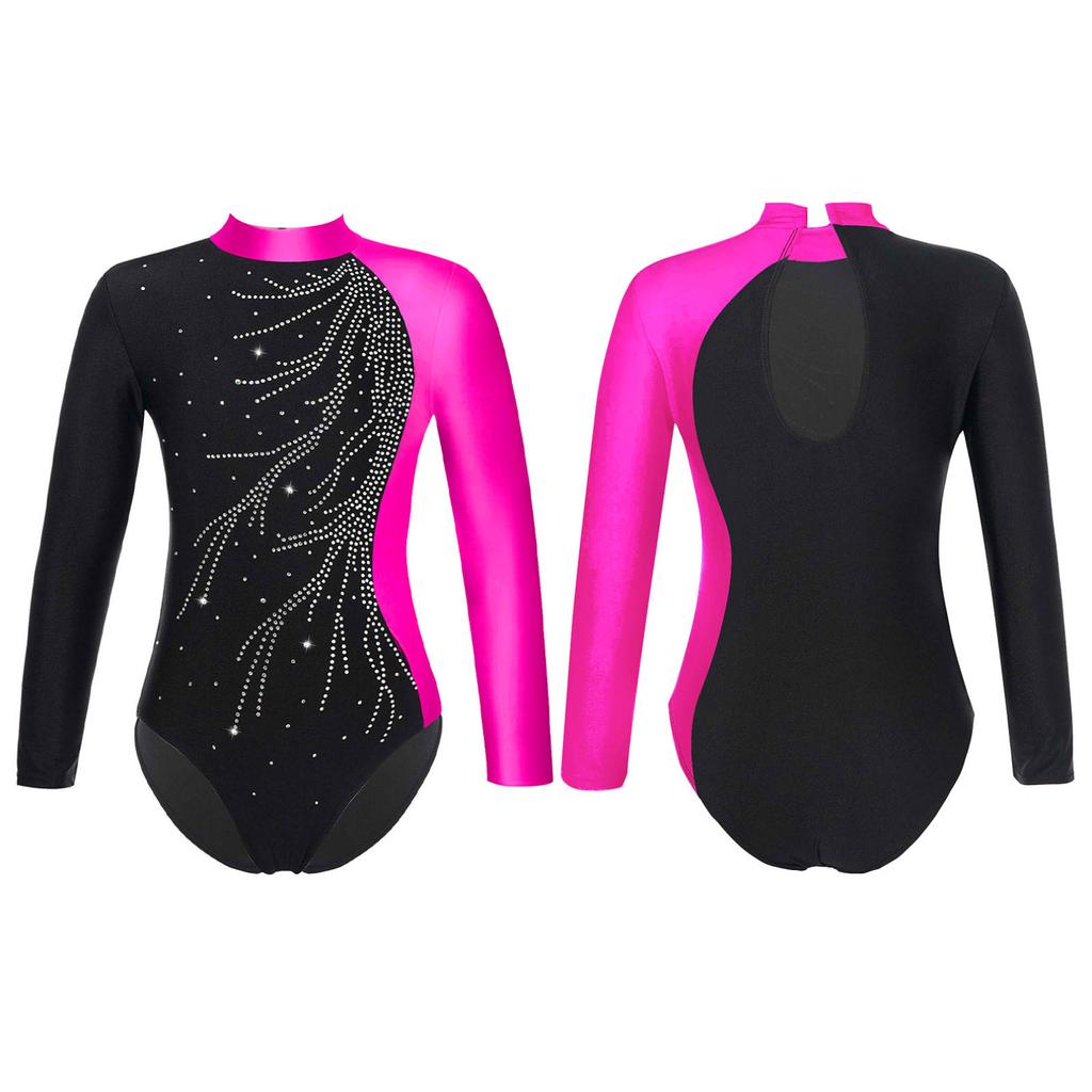 Girls Kids Sparkly Rhinestones Gymnastic Leotard Long Sleeve Ballet Dance Athletic Workout Bodysuit Unitard