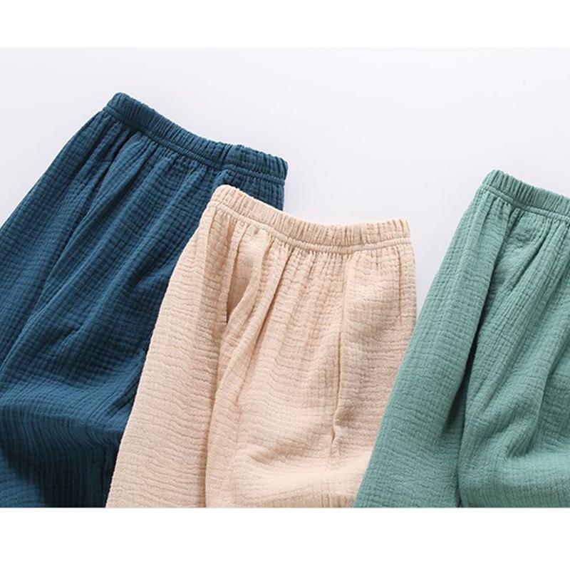 Летние брюки для девочек и мальчиков, корейские детские однотонные свободные шаровары из хлопка и льна, повседневные детские плиссированные брюки с высокой талией для девочек