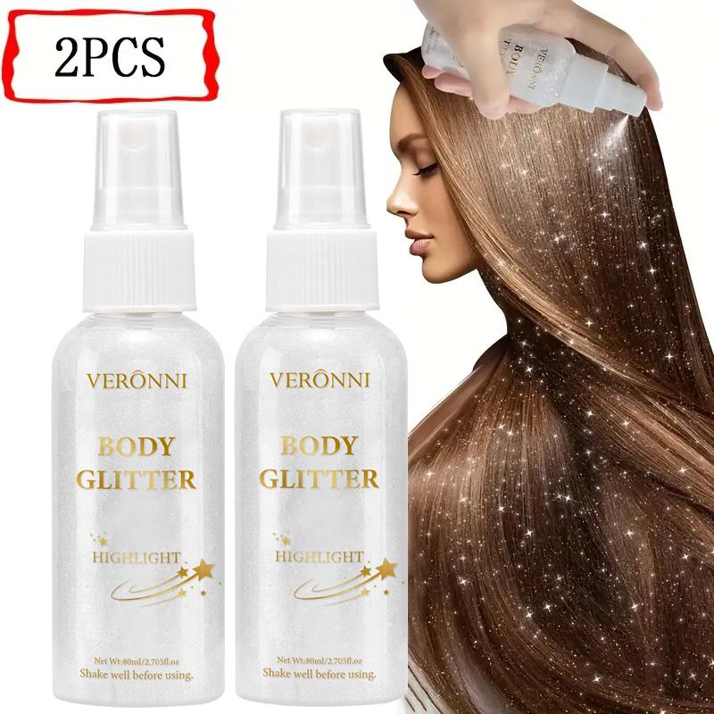 2Pcs Body Glitter Spray, Shimmer Highlighter Mist for Hair Face Body, Long Lasting Sparkle Makeup Spray for Party Festival