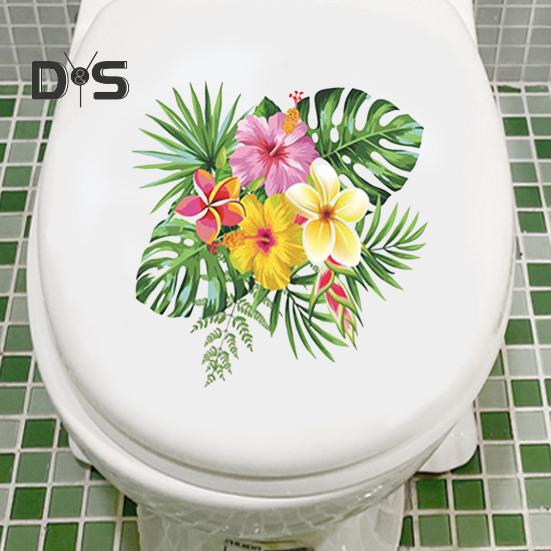 Тропические листья Цветочная наклейка на унитаз Съемная самоклеящаяся водонепроницаемая ПВХ Гостиная Ванная комната Настенное искусство Цветочная крышка унитаза Украшение Наклейка
