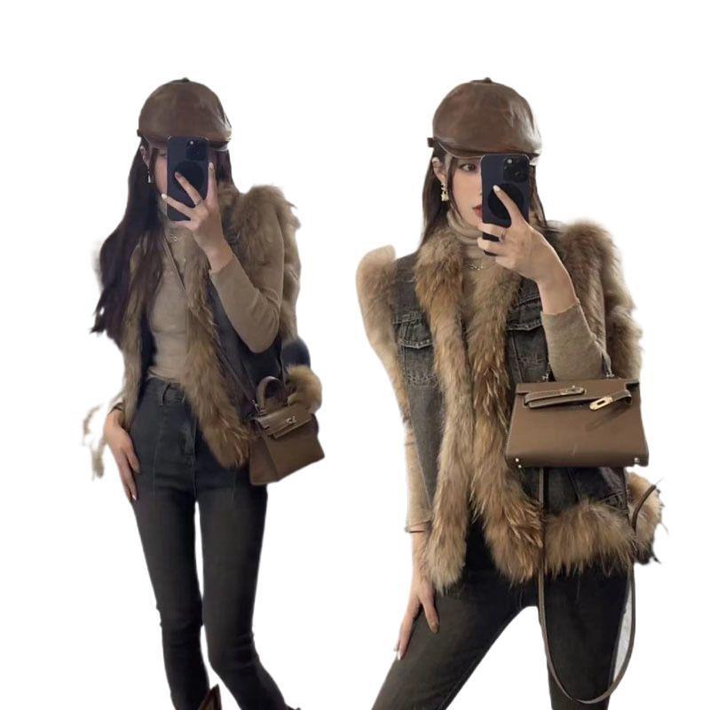 Джинсовый жилет новый жилет осенне-зимняя мода пушистый сшивной безрукавный жилет женский тренд