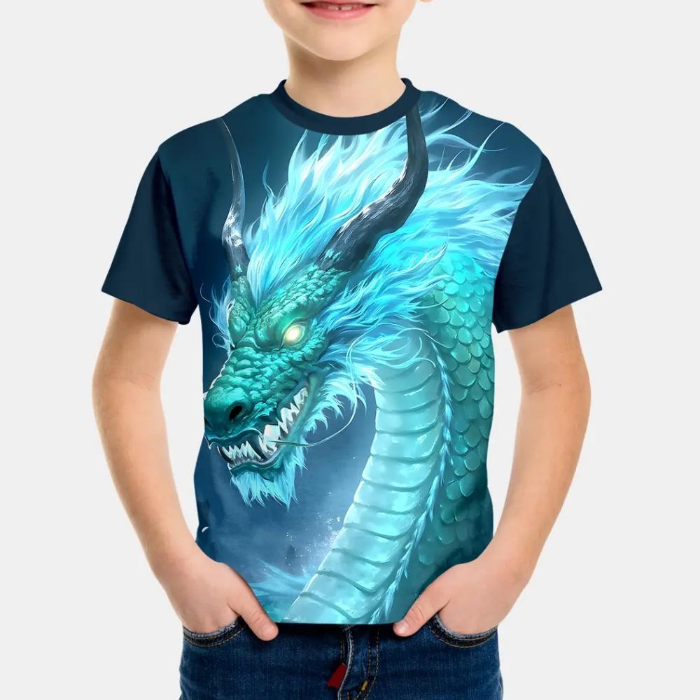 Summer Round Neck 3D Dragon Pattern Printed Top Fashionable Casual Short Sleeved Children's Boy T-shirts
