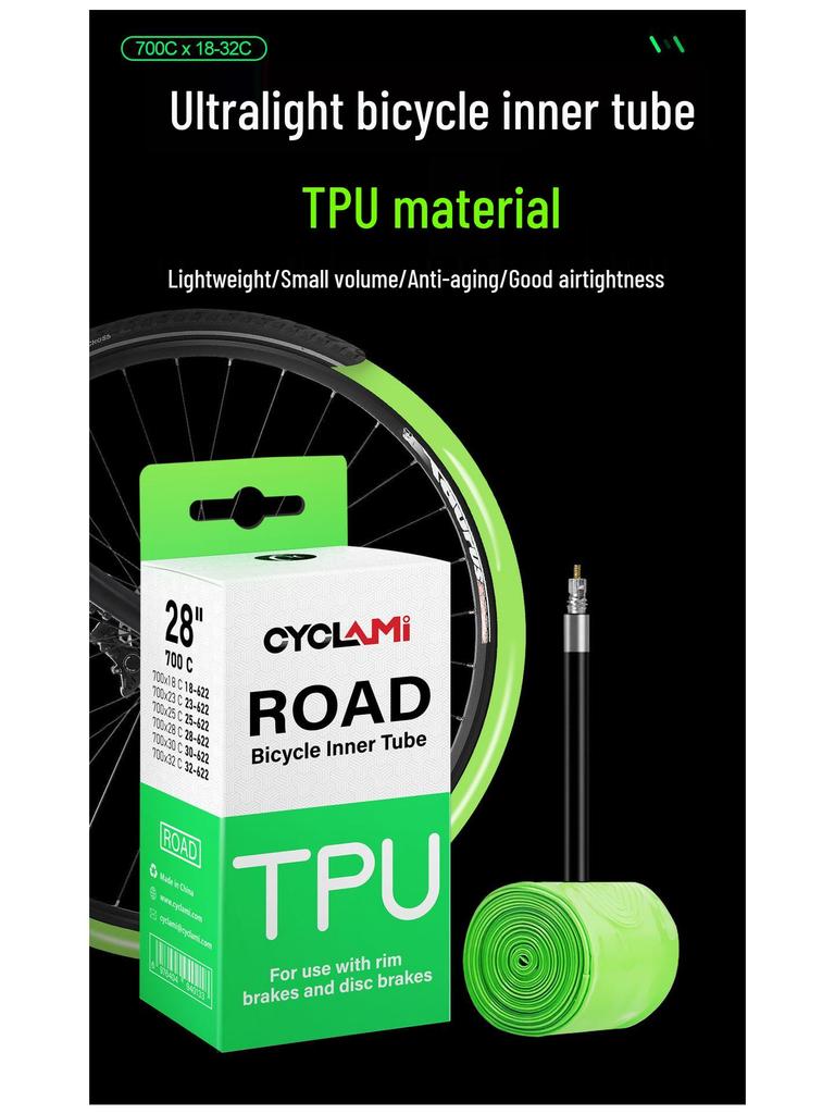 CYCLAMI Ultralight TPU Inner Tube with Free Tire Patches and Levers - 30g, Presta Valve, Puncture Proof Road Bike Tire.