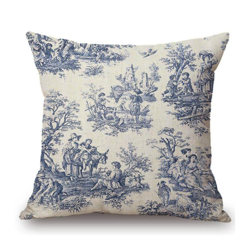 Navy Blue Ink Print Motif Of Toile De Jouy Classic French Pattern Tropical Plant Elephant Pillow Case Linen Car Cushion Cover