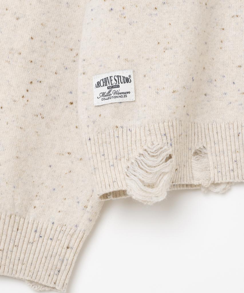 MILLO WOMEN Button Damaged Knit Top [Ecru]