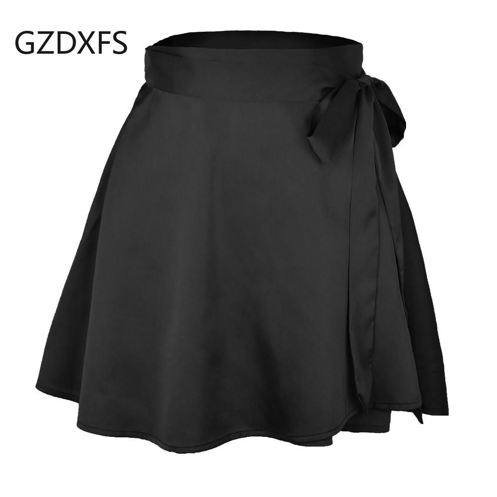 Сплошная цветная юбка с высокой талией, модная цельная короткая юбка на шнуровке, шифоновая атласная юбка с запахом