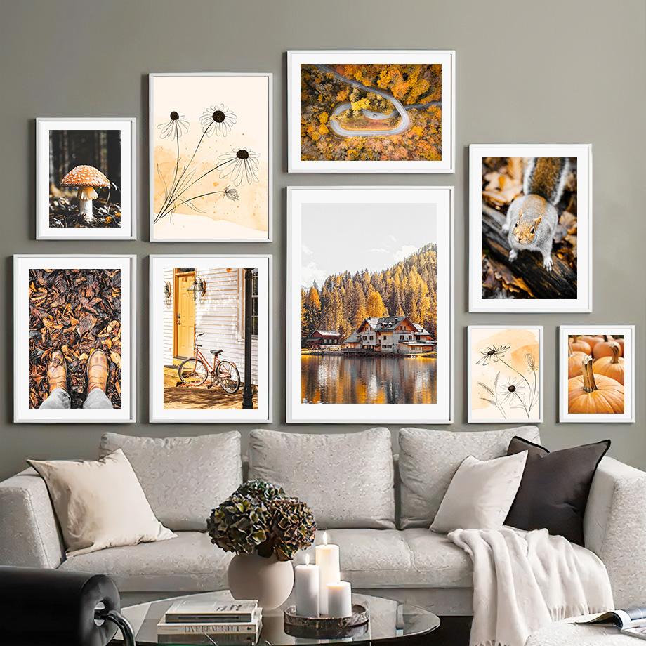 Осеннее озеро Лесной дом Тыква Цветок Пейзаж Настенное искусство Холст Живопись Осенние постеры Принты Картины для декора гостиной