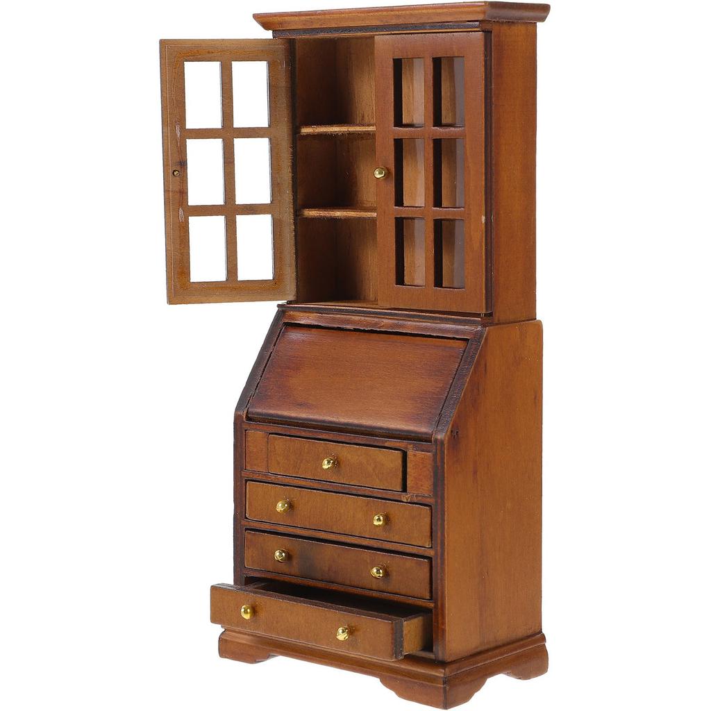 1/12 Miniature Bookshelf Wood Cabinet Dollhouse Furniture With Functional Storage Drawer For Small Books Scene Decors