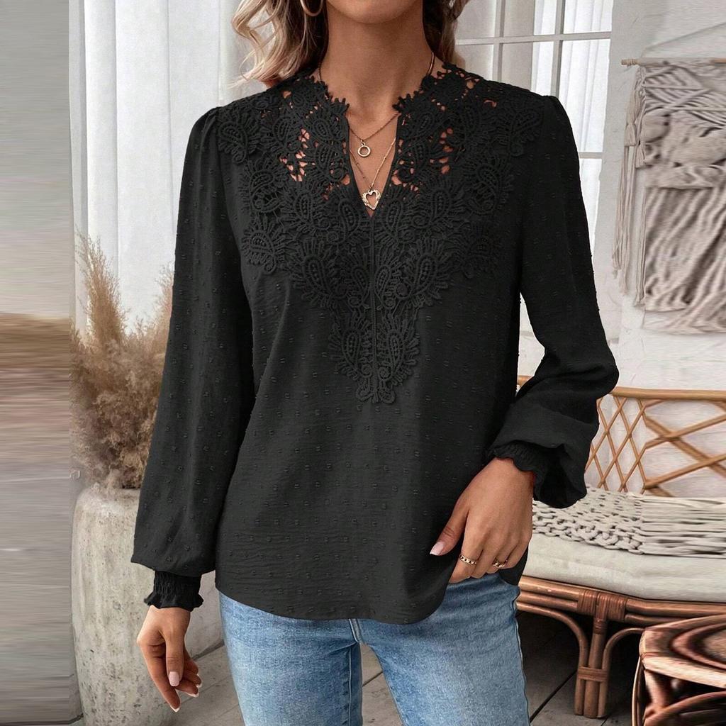Женская модная однотонная кружевная футболка с v-образным вырезом и длинными рукавами