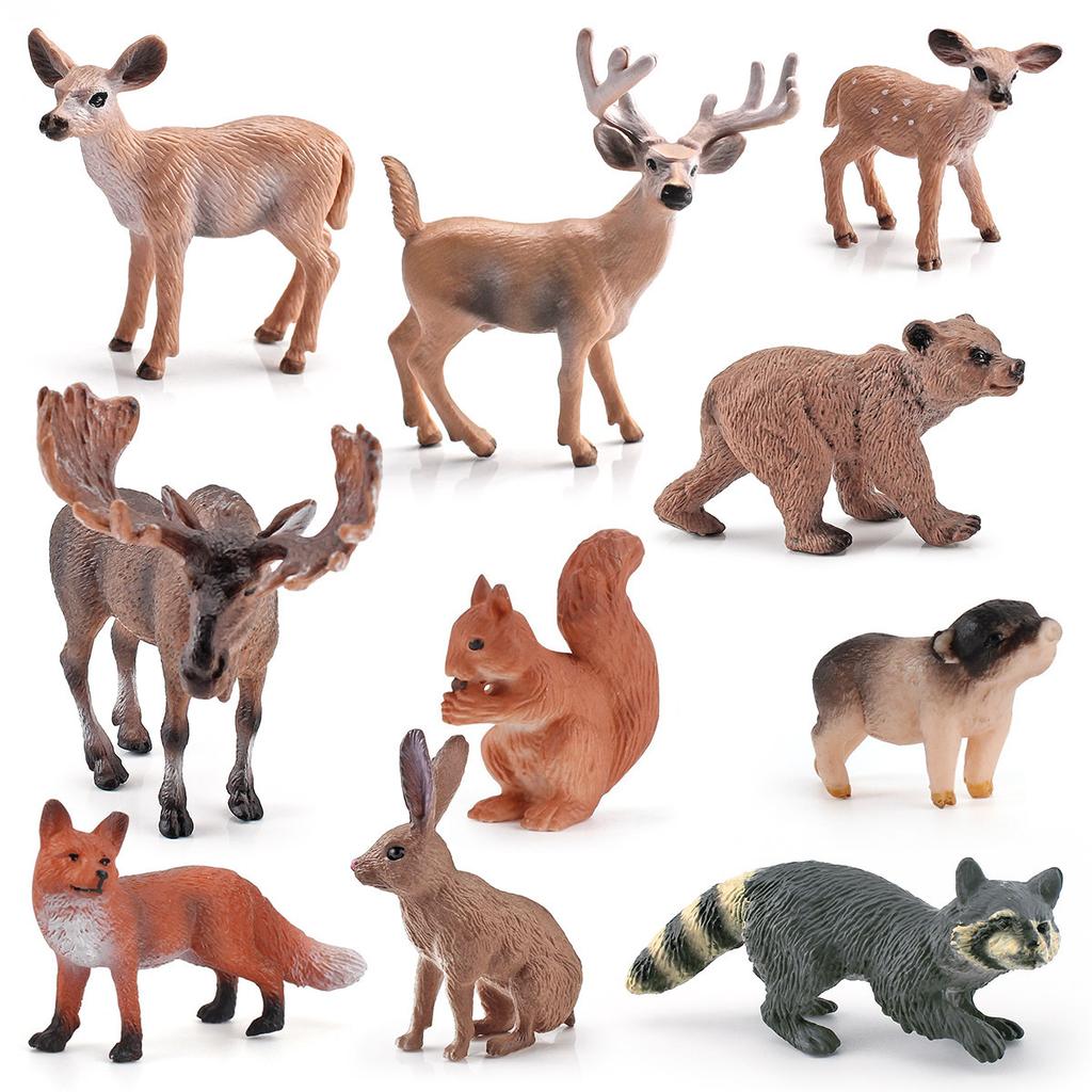 10Pcs Forest Animal Static Ornament Simulation Male Moose Raccoon White Tail Deer Brown Bear Red Fox Rabbit Model