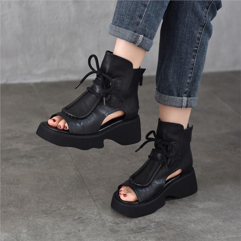 Johnature Женская обувь из натуральной кожи, римские сандалии, винтажные летние сапоги с застежкой-молнией сзади и открытым носком на толстой подошве